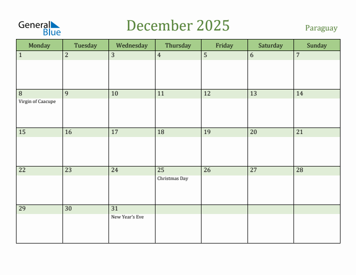 December 2025 Calendar with Paraguay Holidays