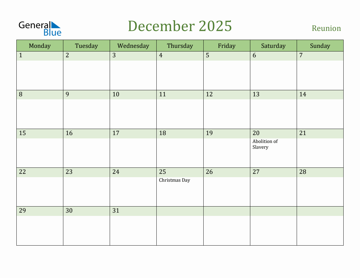 Fillable Holiday Calendar for Reunion December 2025