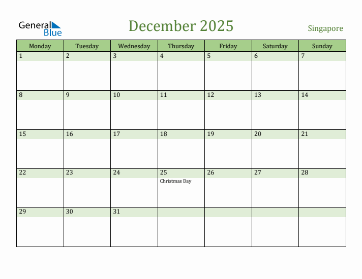 December 2025 Calendar with Singapore Holidays