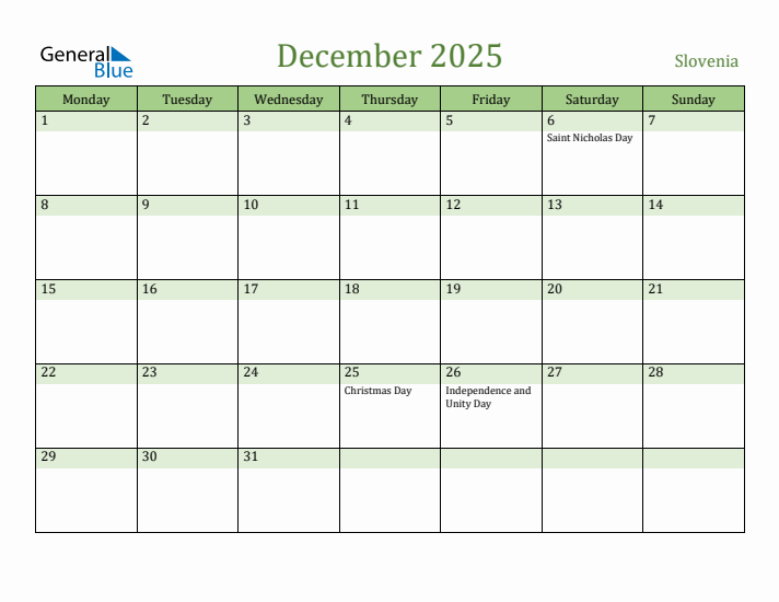 December 2025 Calendar with Slovenia Holidays