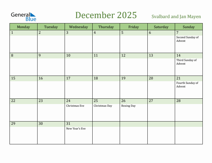 December 2025 Calendar with Svalbard and Jan Mayen Holidays