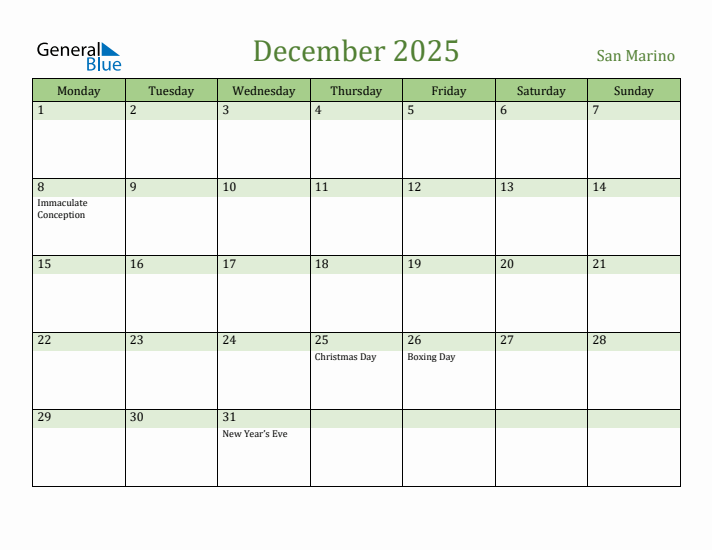 December 2025 Calendar with San Marino Holidays