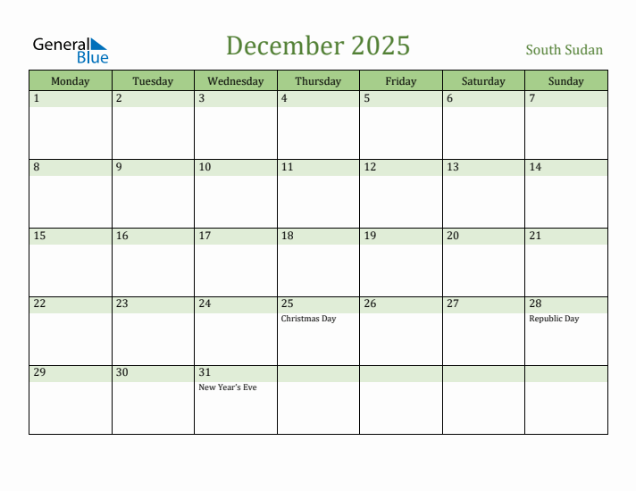 December 2025 Calendar with South Sudan Holidays