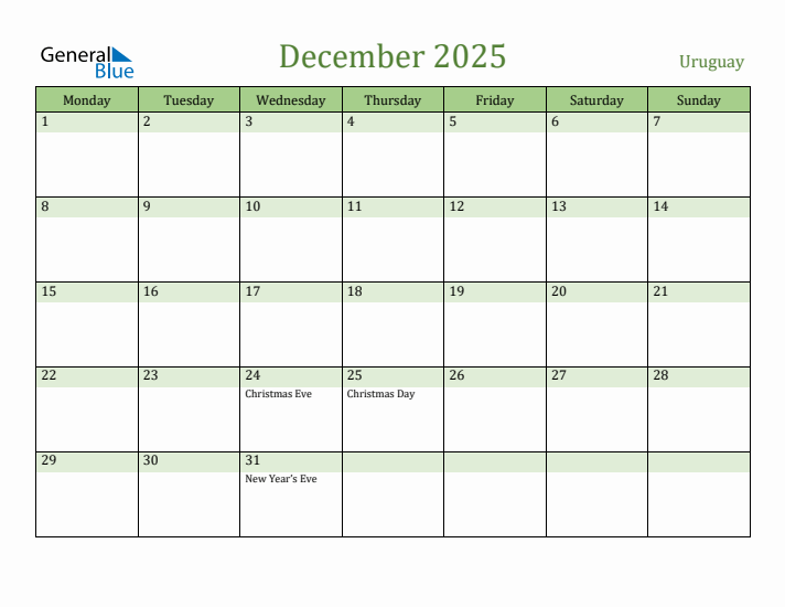 December 2025 Calendar with Uruguay Holidays