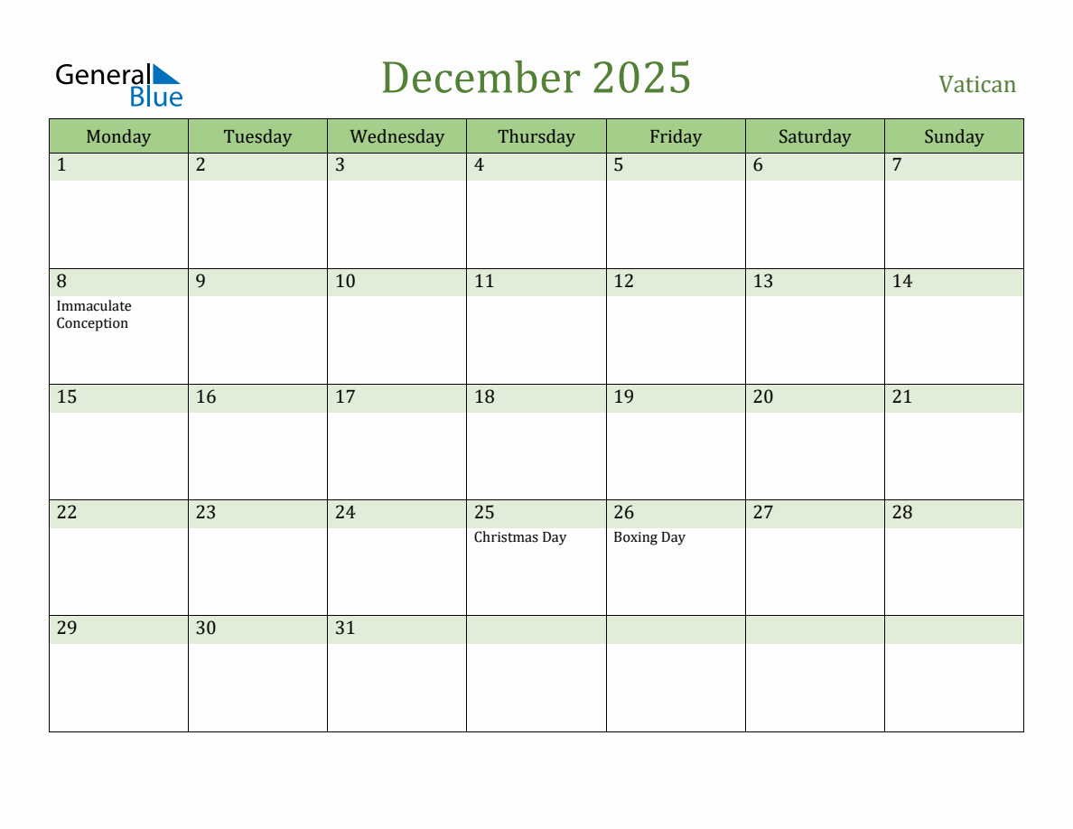 Fillable Holiday Calendar for Vatican December 2025