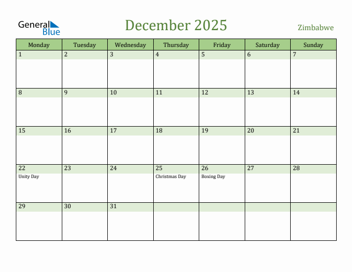 December 2025 Calendar with Zimbabwe Holidays