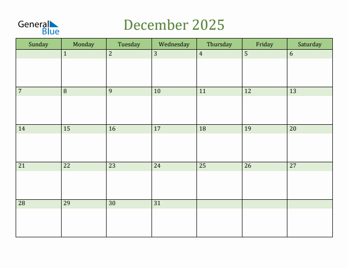 December 2025 Calendar with Sunday Start