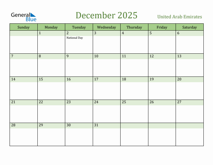 December 2025 Calendar with United Arab Emirates Holidays