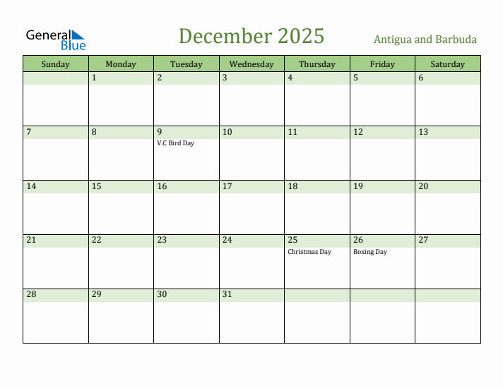 December 2025 Calendar with Antigua and Barbuda Holidays