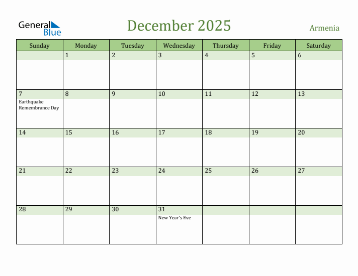 December 2025 Calendar with Armenia Holidays