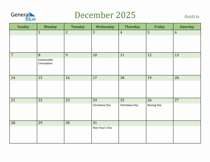 December 2025 Calendar with Austria Holidays
