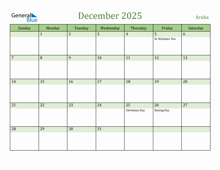 December 2025 Calendar with Aruba Holidays