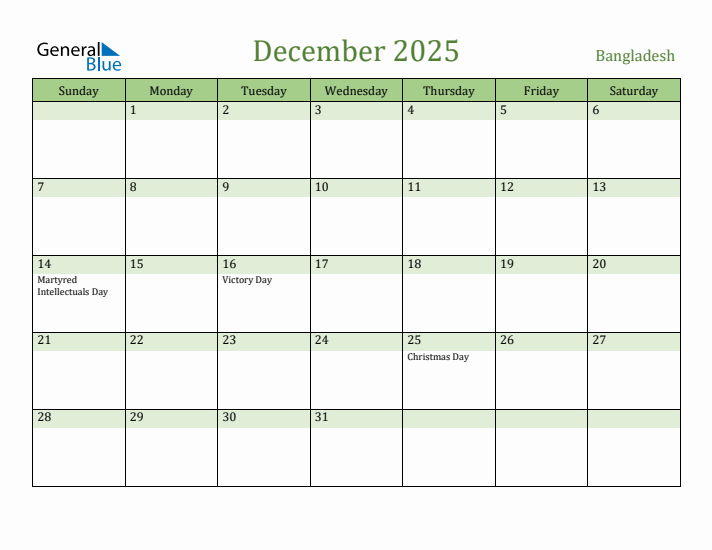 December 2025 Calendar with Bangladesh Holidays