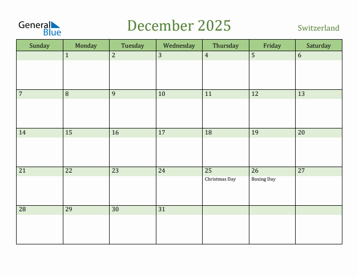 December 2025 Calendar with Switzerland Holidays