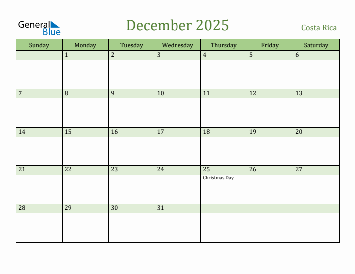 December 2025 Calendar with Costa Rica Holidays
