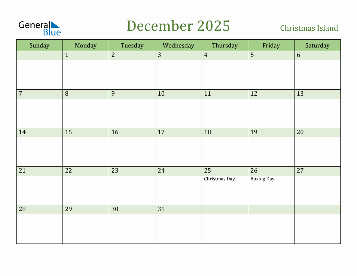 Fillable Holiday Calendar for Christmas Island December 2025