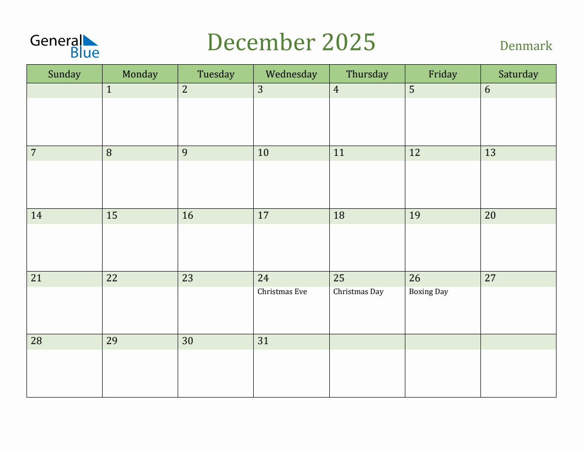 Fillable Holiday Calendar for Denmark December 2025