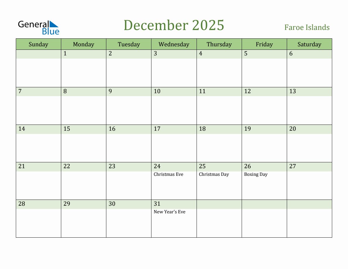 Fillable Holiday Calendar for Faroe Islands December 2025