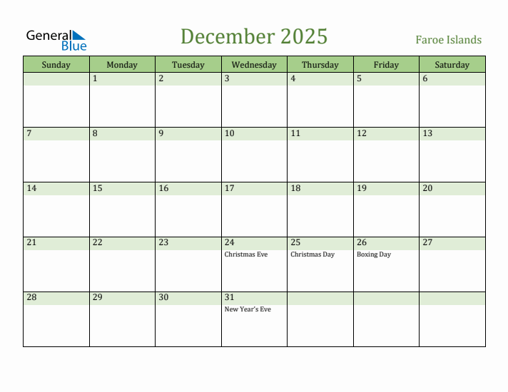 December 2025 Calendar with Faroe Islands Holidays