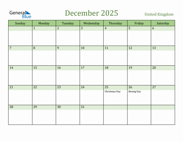 December 2025 Calendar with United Kingdom Holidays
