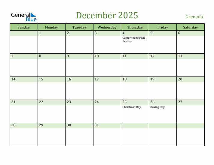 December 2025 Calendar with Grenada Holidays