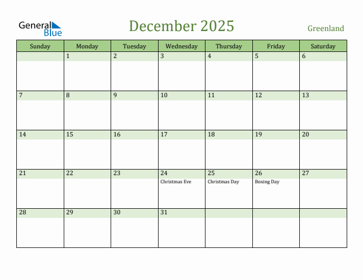 December 2025 Calendar with Greenland Holidays