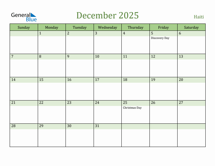 December 2025 Calendar with Haiti Holidays