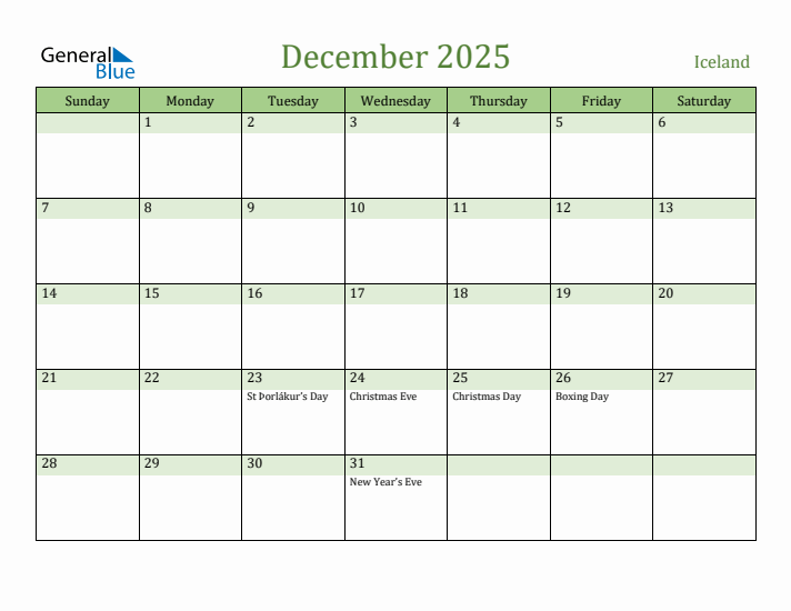 December 2025 Calendar with Iceland Holidays