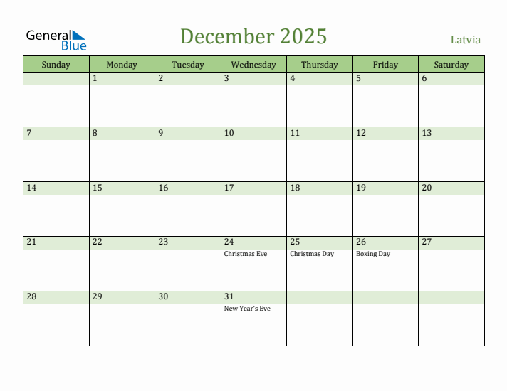 December 2025 Calendar with Latvia Holidays