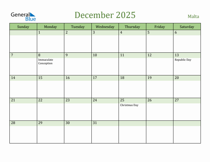 December 2025 Calendar with Malta Holidays