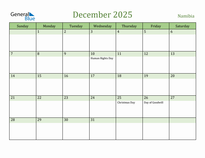 December 2025 Calendar with Namibia Holidays