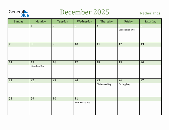 December 2025 Calendar with The Netherlands Holidays