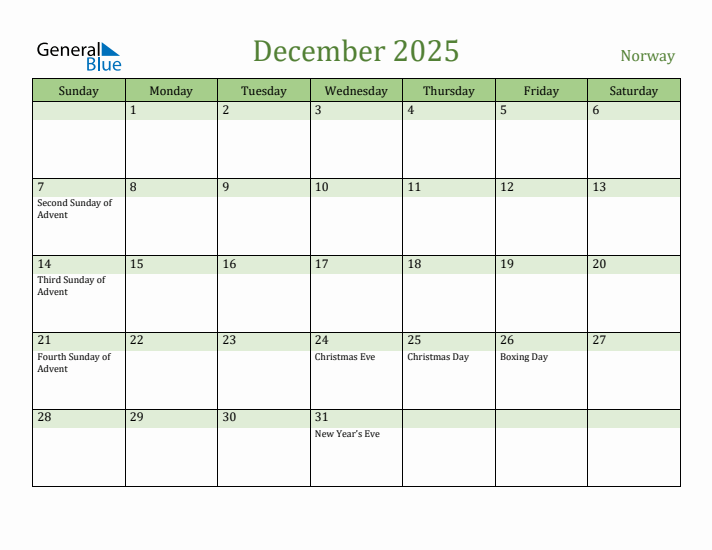 December 2025 Calendar with Norway Holidays