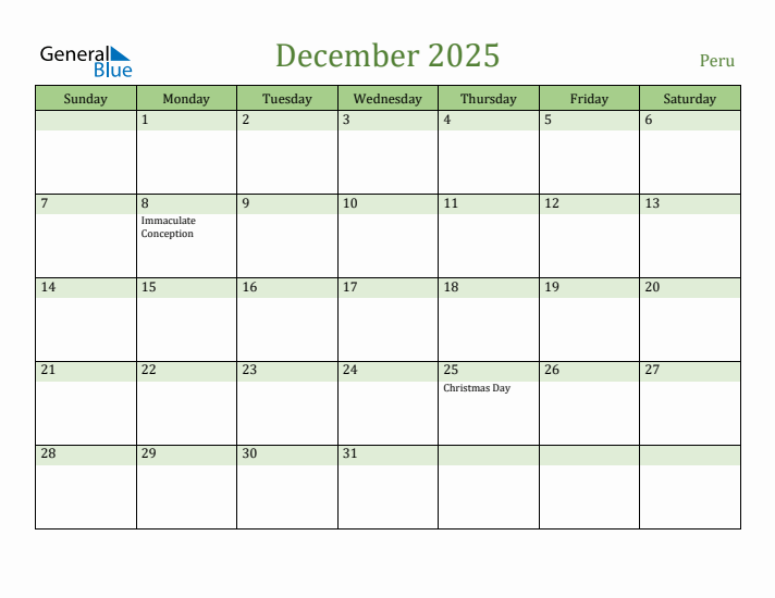 December 2025 Calendar with Peru Holidays