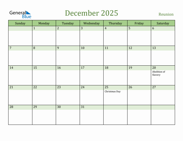 December 2025 Calendar with Reunion Holidays