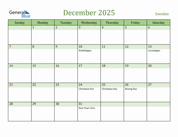 December 2025 Calendar with Sweden Holidays