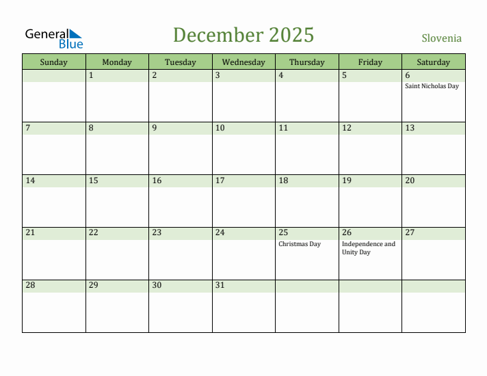 December 2025 Calendar with Slovenia Holidays