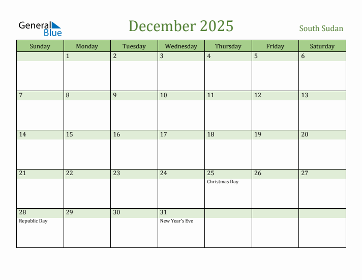 December 2025 Calendar with South Sudan Holidays