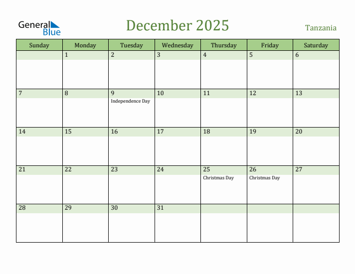 December 2025 Calendar with Tanzania Holidays
