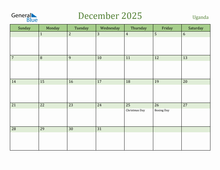 December 2025 Calendar with Uganda Holidays