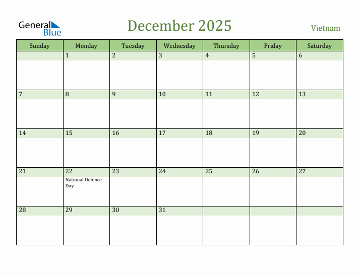 December 2025 Calendar with Vietnam Holidays