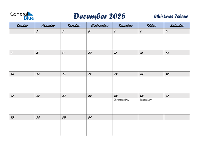 Christmas Island December 2025 Calendar with Holidays