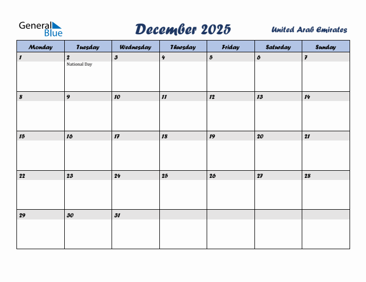 December 2025 Calendar with Holidays in United Arab Emirates