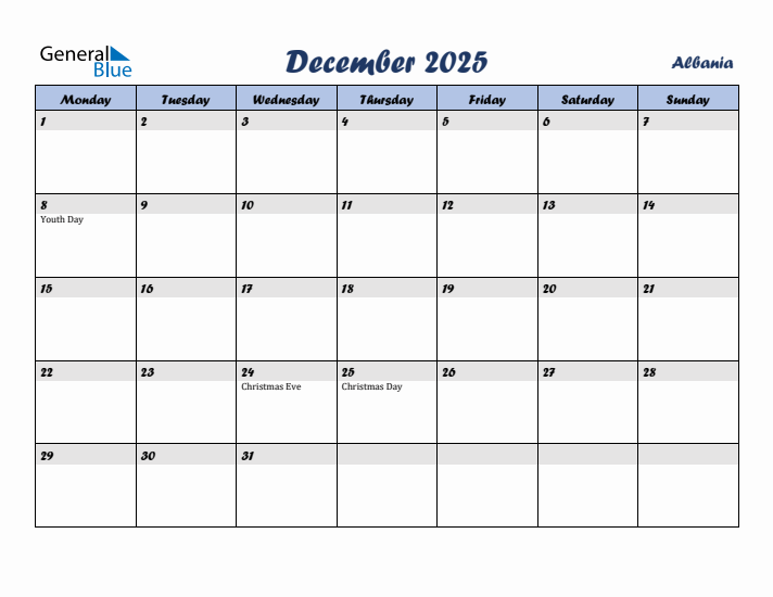 December 2025 Calendar with Holidays in Albania