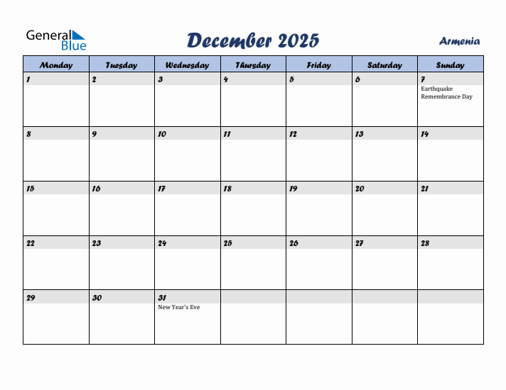 December 2025 Calendar with Holidays in Armenia