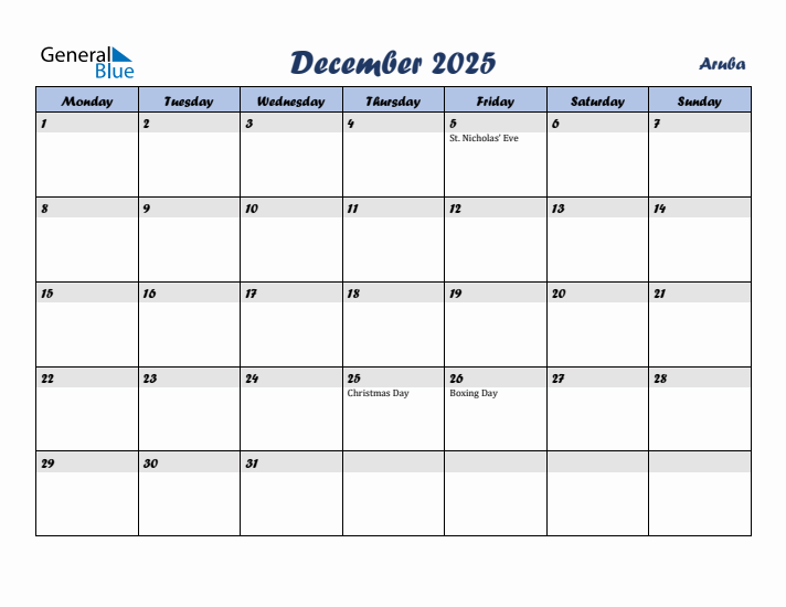 December 2025 Calendar with Holidays in Aruba