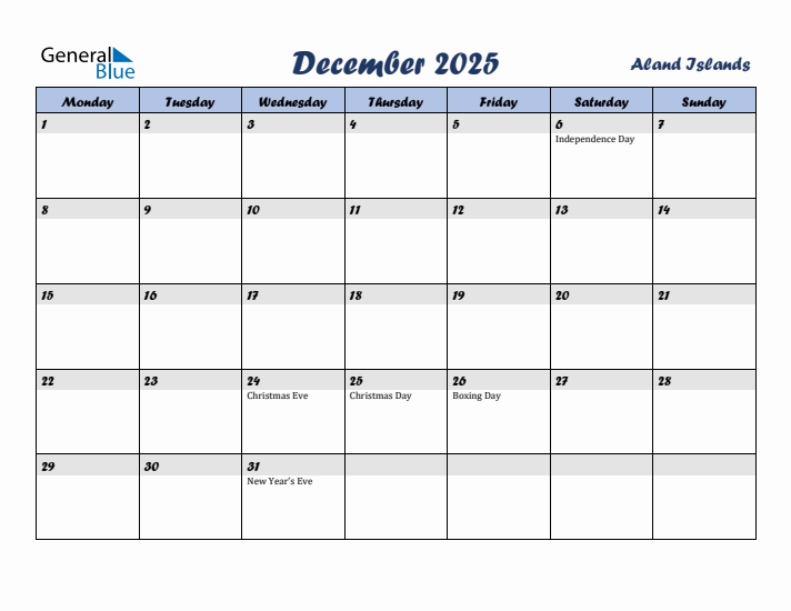 December 2025 Calendar with Holidays in Aland Islands