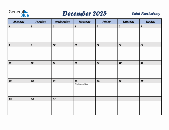 December 2025 Calendar with Holidays in Saint Barthelemy