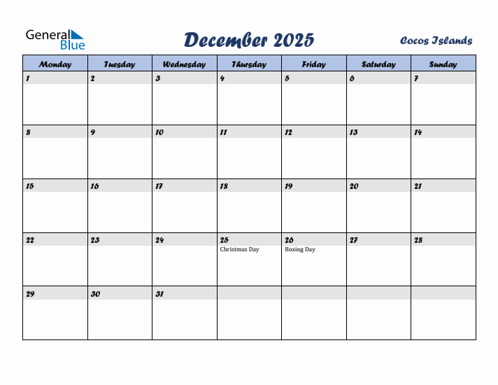 December 2025 Calendar with Holidays in Cocos Islands