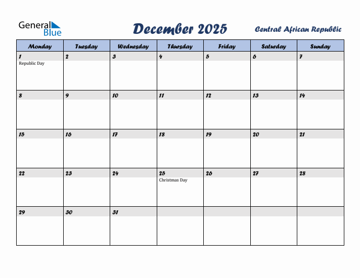 December 2025 Calendar with Holidays in Central African Republic